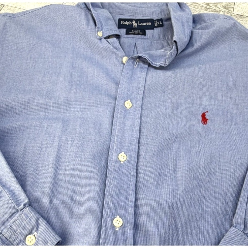 Ralph Lauren Blake Gingham Button Shirt Mens‎ XL Blue White Long Sleeve Red Pony